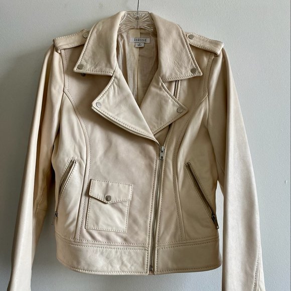 Barneys NY Cream Leather Moto Jacket